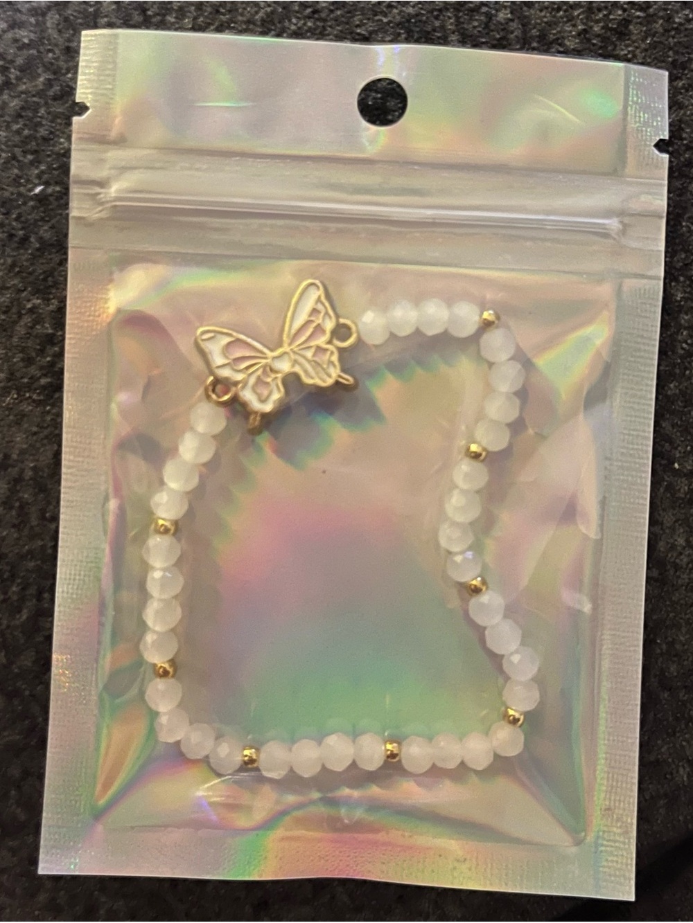 Gold Butterfly White Beaded Stretch Bracelet